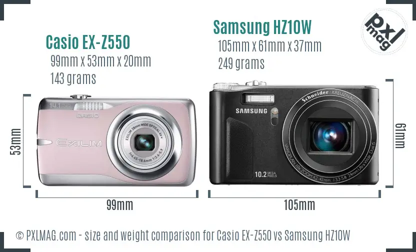 Casio EX-Z550 vs Samsung HZ10W size comparison