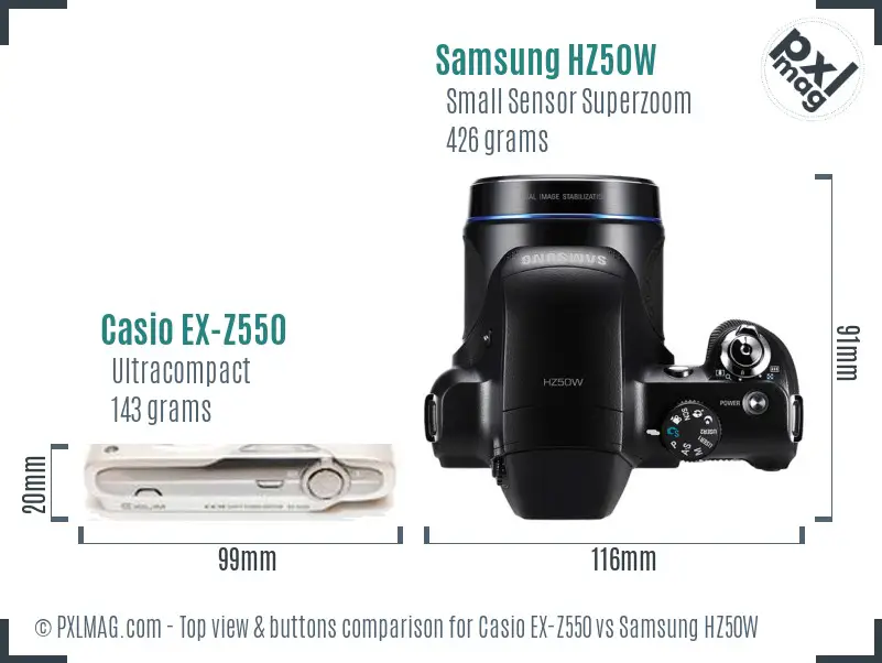 Casio EX-Z550 vs Samsung HZ50W top view buttons comparison Casio EX-Z550 vs Samsung HZ50W top view buttons comparison