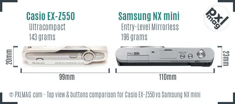 Casio EX-Z550 vs Samsung NX mini top view buttons comparison Casio EX-Z550 vs Samsung NX mini top view buttons comparison