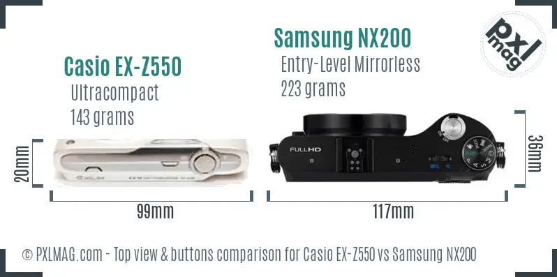 Casio EX-Z550 vs Samsung NX200 top view buttons comparison Casio EX-Z550 vs Samsung NX200 top view buttons comparison