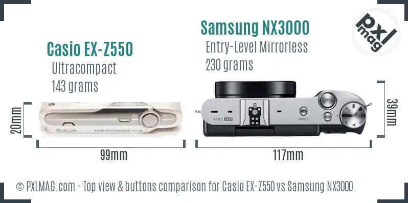 Casio EX-Z550 vs Samsung NX3000 top view buttons comparison Casio EX-Z550 vs Samsung NX3000 top view buttons comparison