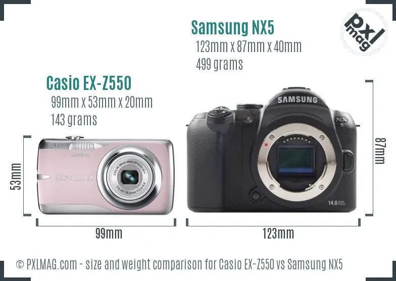 Casio EX-Z550 vs Samsung NX5 size comparison