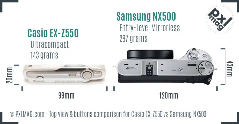 Casio EX-Z550 vs Samsung NX500 top view buttons comparison Casio EX-Z550 vs Samsung NX500 top view buttons comparison