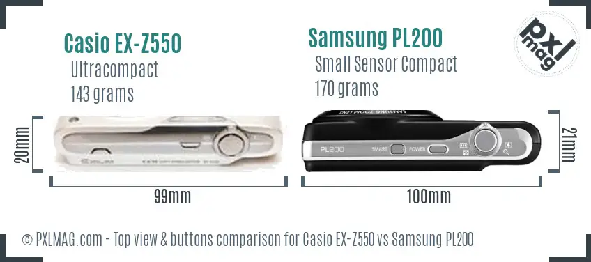 Casio EX-Z550 vs Samsung PL200 top view buttons comparison