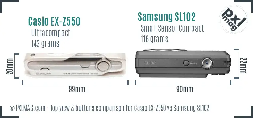 Casio EX-Z550 vs Samsung SL102 top view buttons comparison