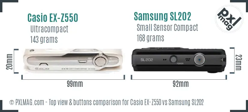 Casio EX-Z550 vs Samsung SL202 top view buttons comparison Casio EX-Z550 vs Samsung SL202 top view buttons comparison