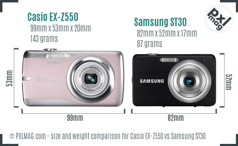 Casio EX-Z550 vs Samsung ST30 size comparison