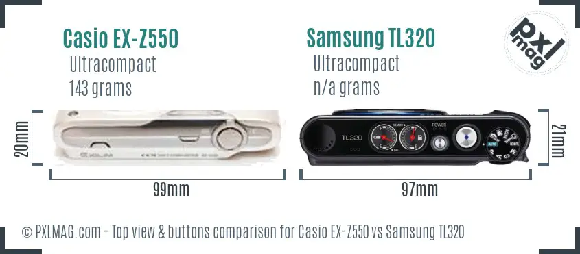 Casio EX-Z550 vs Samsung TL320 top view buttons comparison Casio EX-Z550 vs Samsung TL320 top view buttons comparison