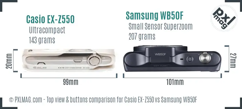Casio EX-Z550 vs Samsung WB50F top view buttons comparison Casio EX-Z550 vs Samsung WB50F top view buttons comparison