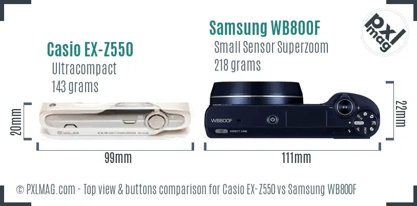 Casio EX-Z550 vs Samsung WB800F top view buttons comparison Casio EX-Z550 vs Samsung WB800F top view buttons comparison