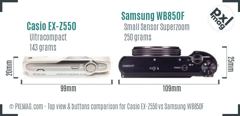 Casio EX-Z550 vs Samsung WB850F top view buttons comparison Casio EX-Z550 vs Samsung WB850F top view buttons comparison
