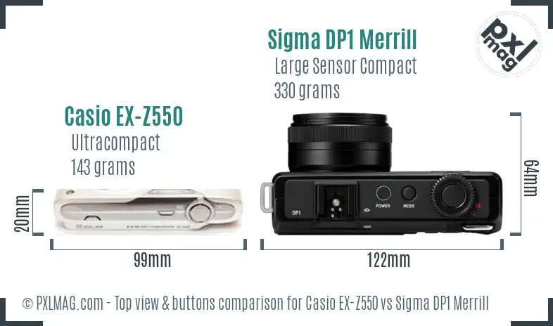 Casio EX-Z550 vs Sigma DP1 Merrill top view buttons comparison Casio EX-Z550 vs Sigma DP1 Merrill top view buttons comparison