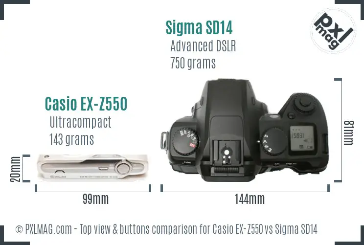 Casio EX-Z550 vs Sigma SD14 top view buttons comparison Casio EX-Z550 vs Sigma SD14 top view buttons comparison