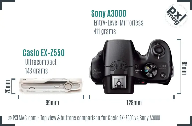 Casio EX-Z550 vs Sony A3000 top view buttons comparison Casio EX-Z550 vs Sony A3000 top view buttons comparison