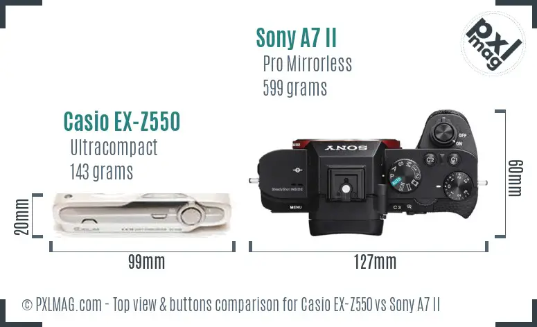 Casio EX-Z550 vs Sony A7 II top view buttons comparison