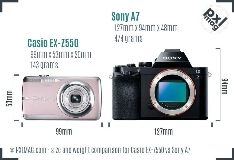 Casio EX-Z550 vs Sony A7 size comparison