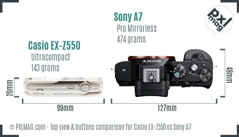 Casio EX-Z550 vs Sony A7 top view buttons comparison