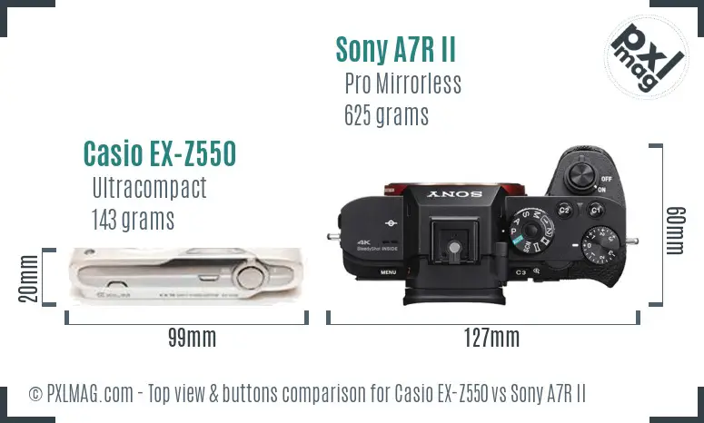 Casio EX-Z550 vs Sony A7R II top view buttons comparison