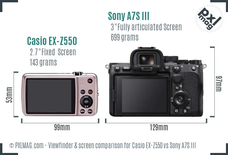 Casio EX-Z550 vs Sony A7S III Screen and Viewfinder comparison