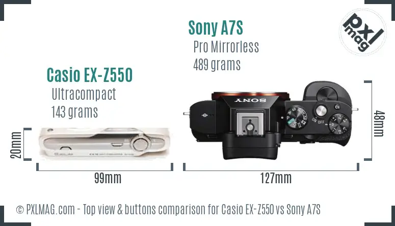 Casio EX-Z550 vs Sony A7S top view buttons comparison Casio EX-Z550 vs Sony A7S top view buttons comparison