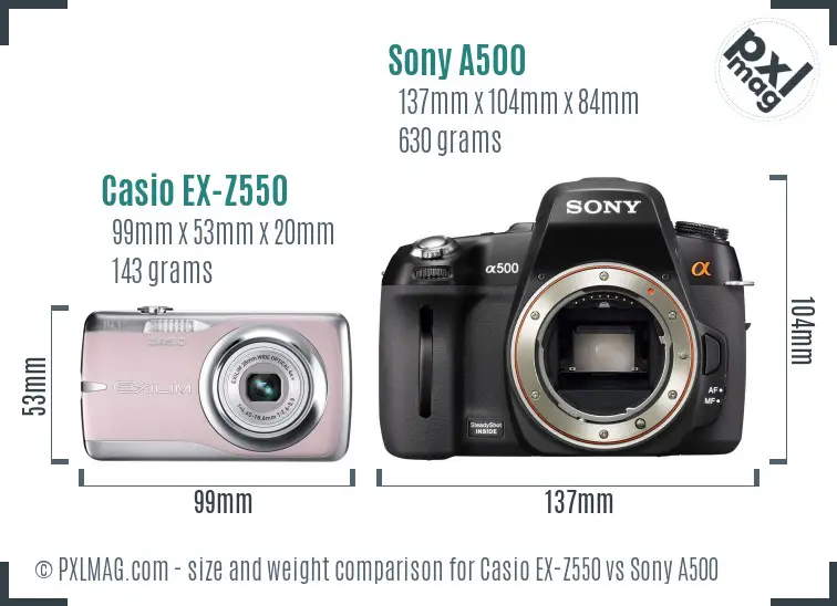 Casio EX-Z550 vs Sony A500 size comparison