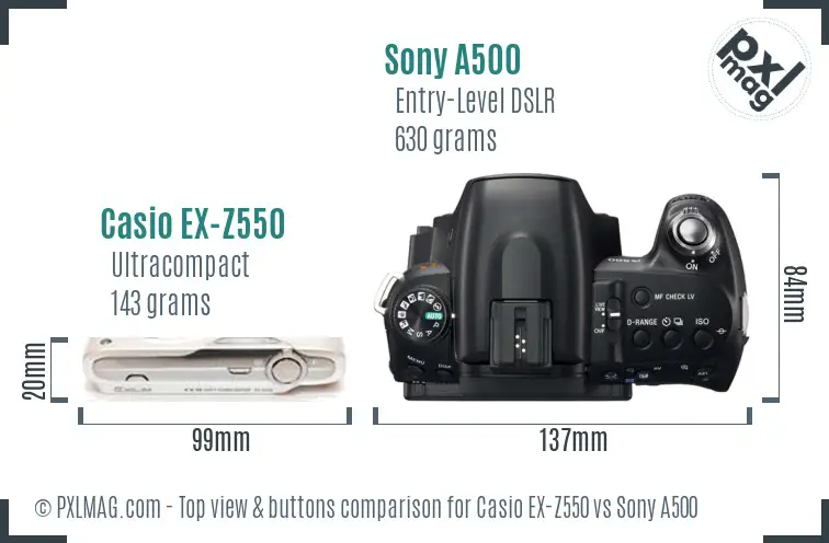 Casio EX-Z550 vs Sony A500 top view buttons comparison