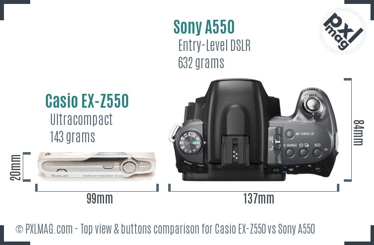 Casio EX-Z550 vs Sony A550 top view buttons comparison