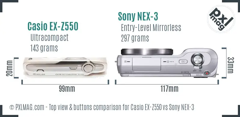 Casio EX-Z550 vs Sony NEX-3 top view buttons comparison