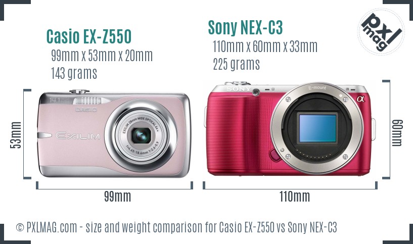 Casio EX-Z550 vs Sony NEX-C3 size comparison