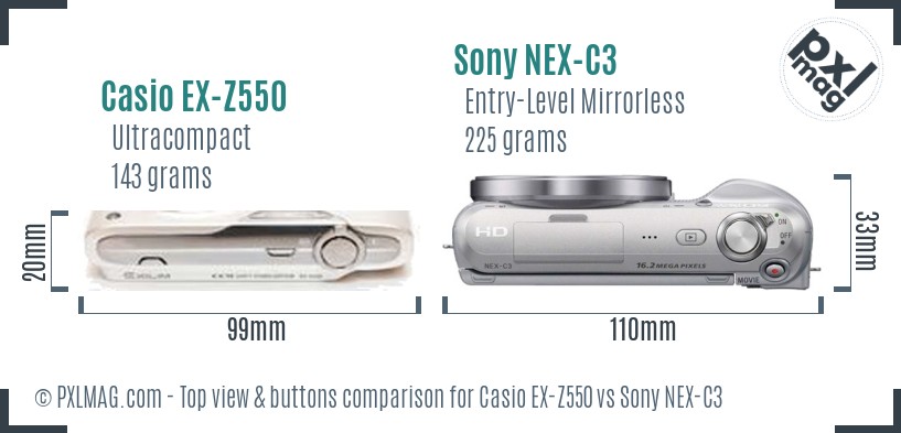 Casio EX-Z550 vs Sony NEX-C3 top view buttons comparison