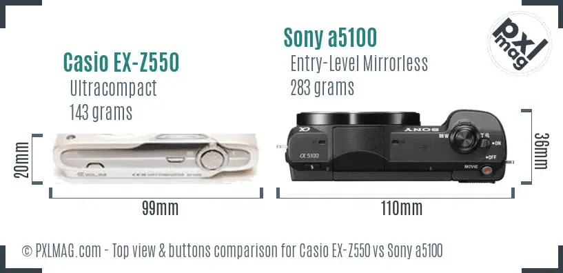 Casio EX-Z550 vs Sony a5100 top view buttons comparison Casio EX-Z550 vs Sony a5100 top view buttons comparison