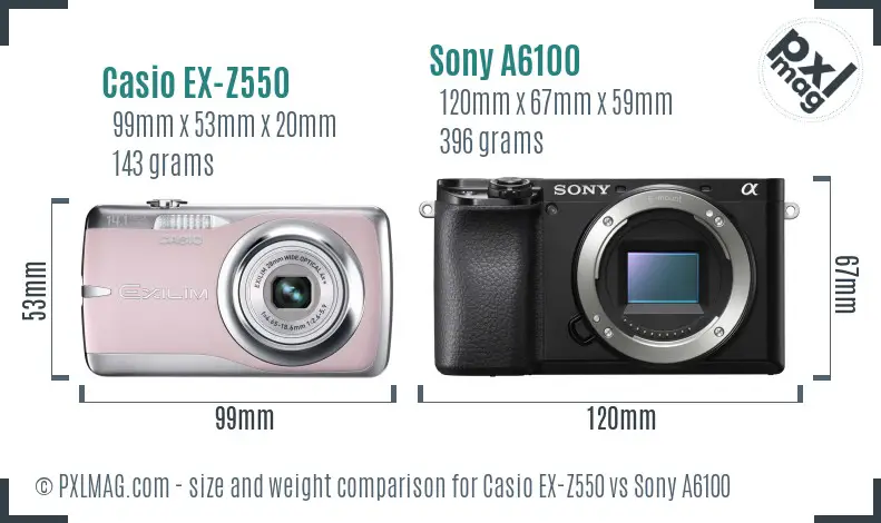 Casio EX-Z550 vs Sony A6100 size comparison