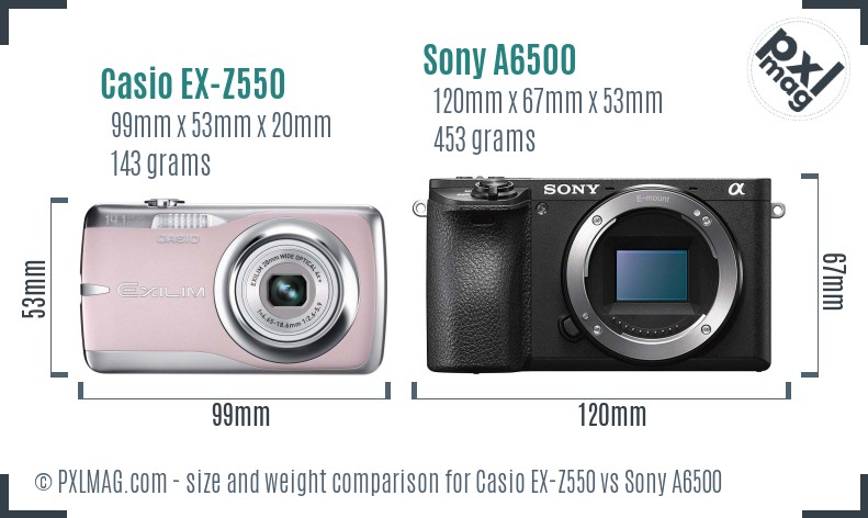 Casio EX-Z550 vs Sony A6500 size comparison