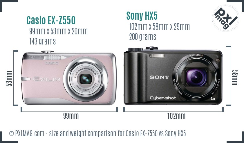 Casio EX-Z550 vs Sony HX5 size comparison