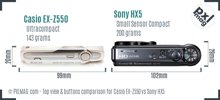 Casio EX-Z550 vs Sony HX5 top view buttons comparison