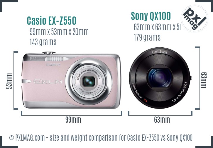 Casio EX-Z550 vs Sony QX100 size comparison Casio EX-Z550 vs Sony QX100 size comparison