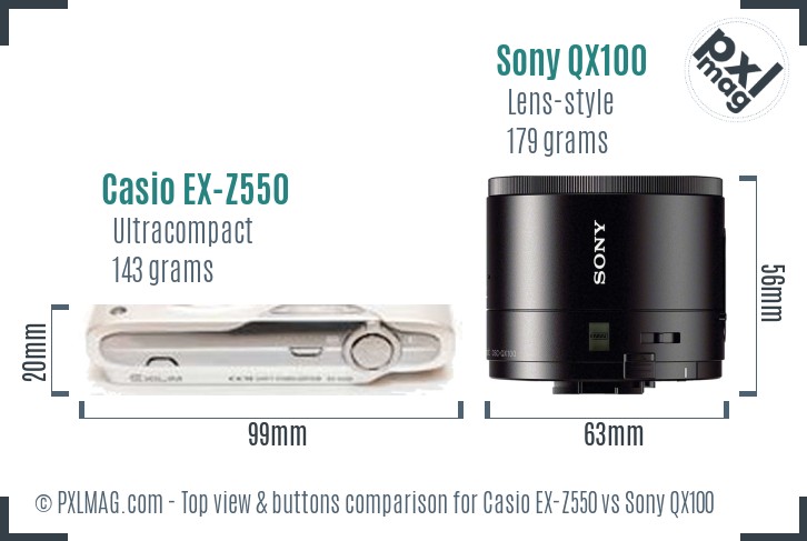 Casio EX-Z550 vs Sony QX100 top view buttons comparison