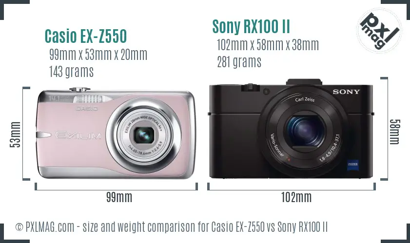 Casio EX-Z550 vs Sony RX100 II size comparison