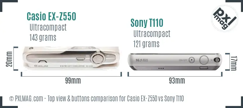 Casio EX-Z550 vs Sony T110 top view buttons comparison Casio EX-Z550 vs Sony T110 top view buttons comparison