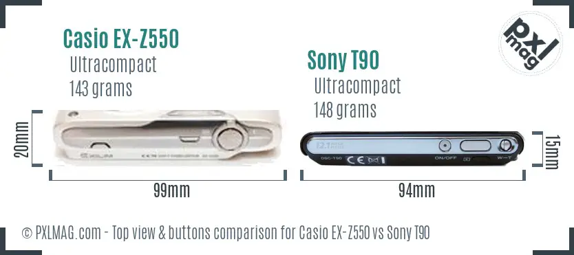 Casio EX-Z550 vs Sony T90 top view buttons comparison