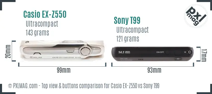 Casio EX-Z550 vs Sony T99 top view buttons comparison