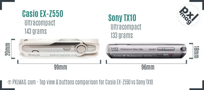 Casio EX-Z550 vs Sony TX10 top view buttons comparison