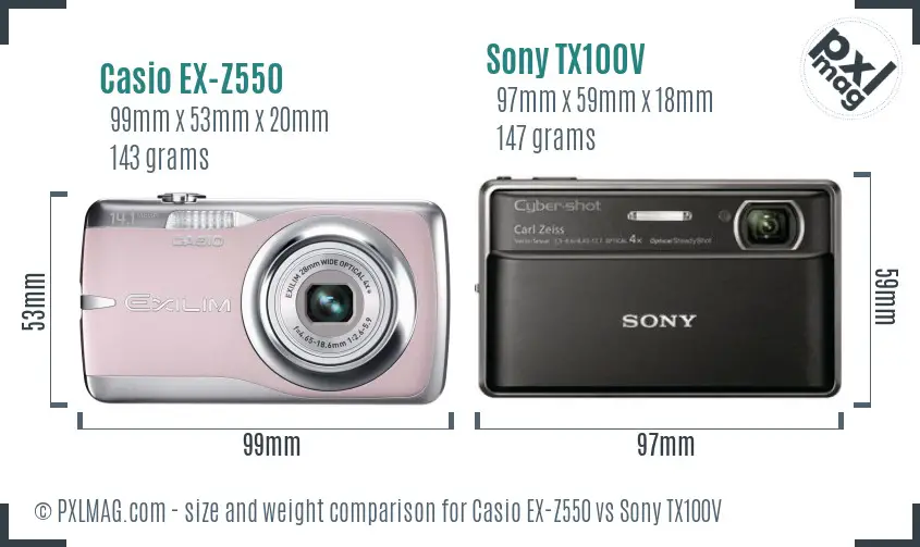 Casio EX-Z550 vs Sony TX100V size comparison