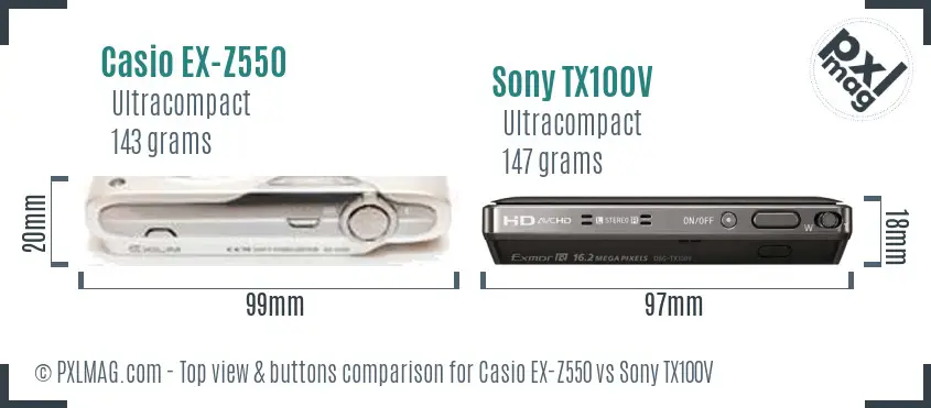 Casio EX-Z550 vs Sony TX100V top view buttons comparison