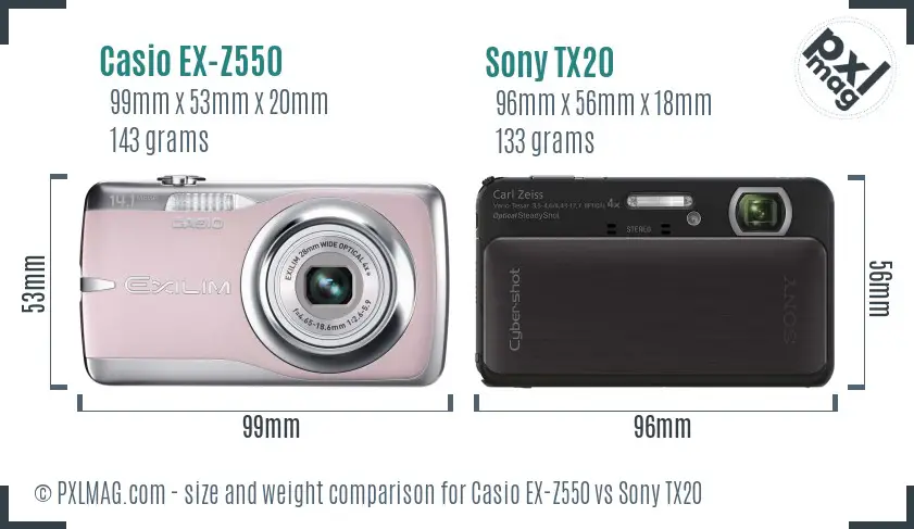 Casio EX-Z550 vs Sony TX20 size comparison