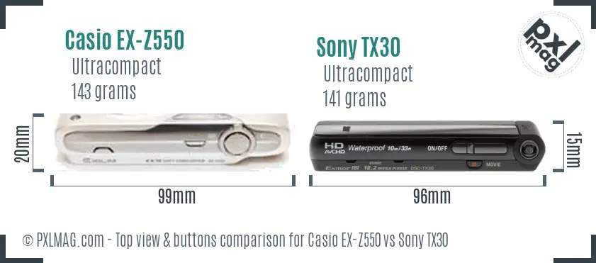 Casio EX-Z550 vs Sony TX30 top view buttons comparison