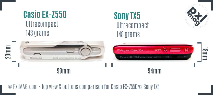 Casio EX-Z550 vs Sony TX5 top view buttons comparison