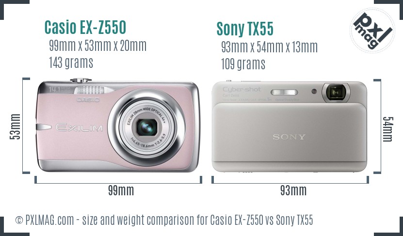 Casio EX-Z550 vs Sony TX55 size comparison