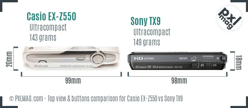 Casio EX-Z550 vs Sony TX9 top view buttons comparison