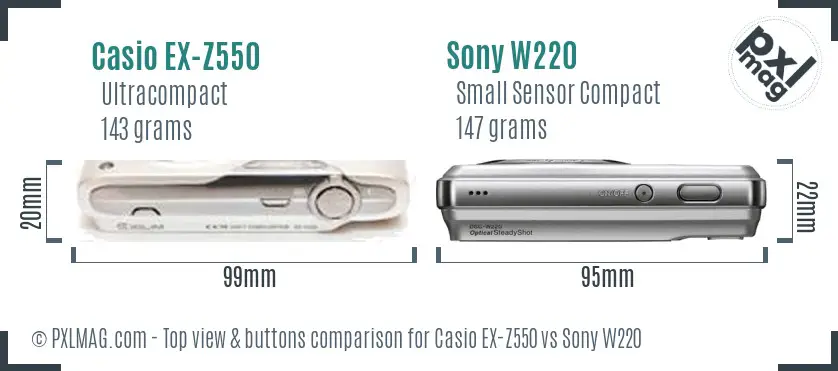 Casio EX-Z550 vs Sony W220 top view buttons comparison